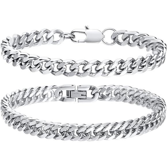 2Pcs Cuban Link Chain Bracelet Set Sturdy Stainless Steel Curb Width Cuban Link - Picture 1 of 6